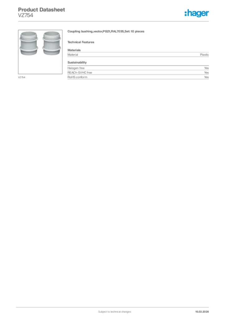 Image Hager Product data sheet VZ754  | Hager Africa