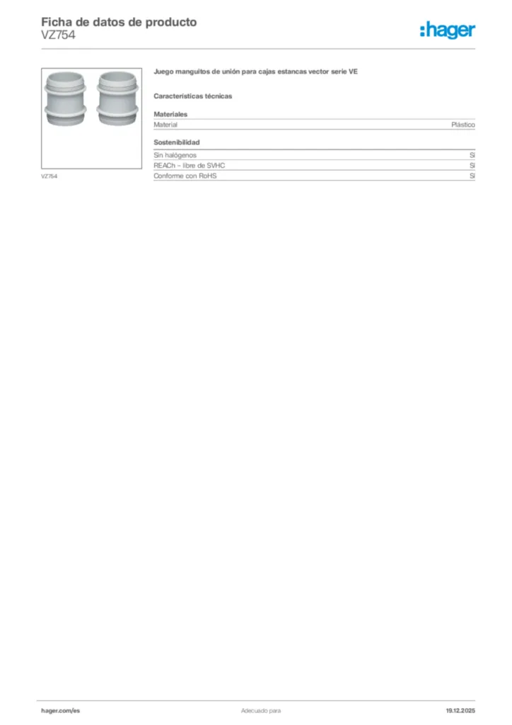 Imagen Hager Ficha de datos de producto VZ754 | Hager España