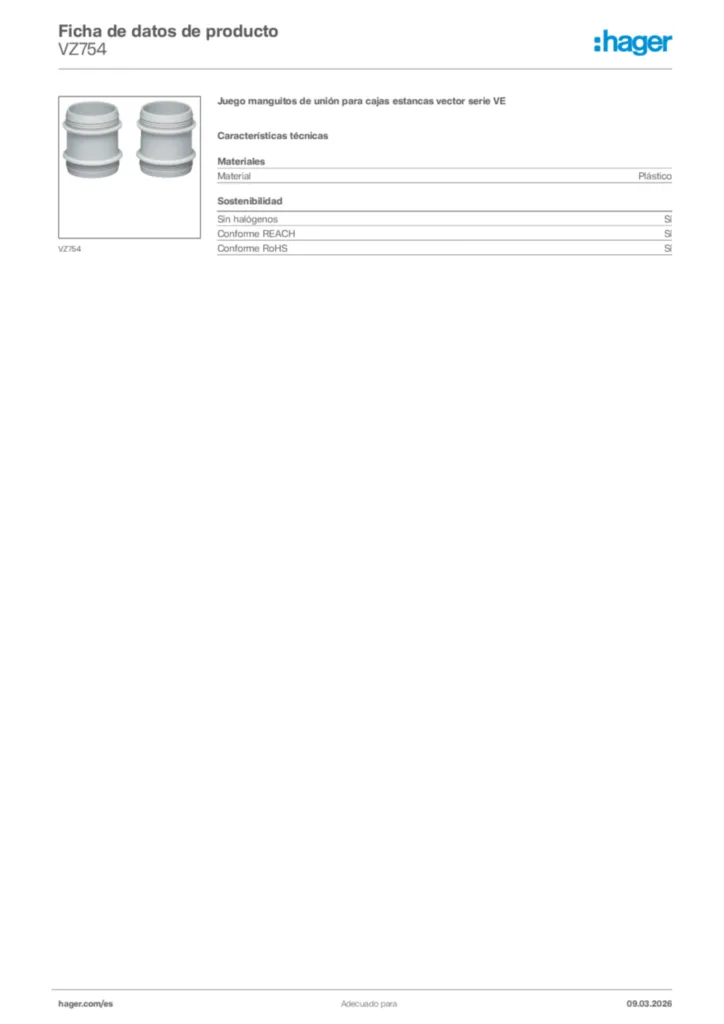 Imagen Hager Ficha de datos de producto VZ754 | Hager España