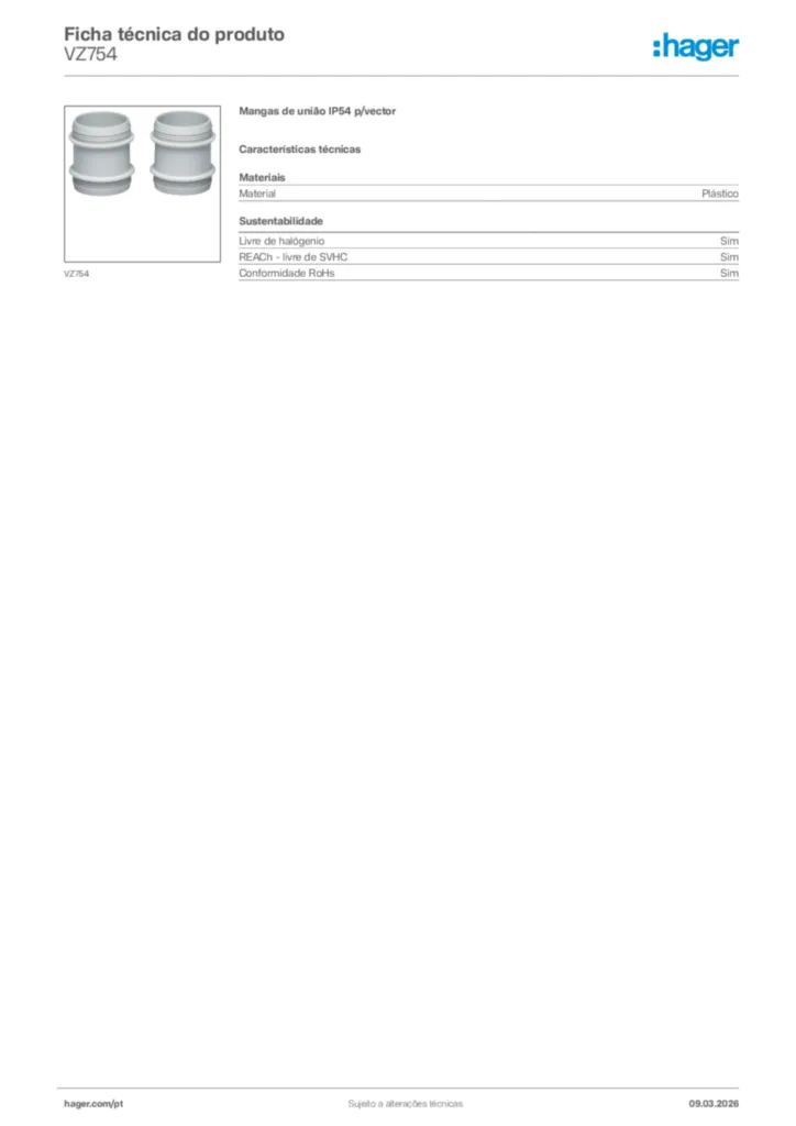 Imagem Hager Ficha técnica do produto VZ754 | Hager Portugal