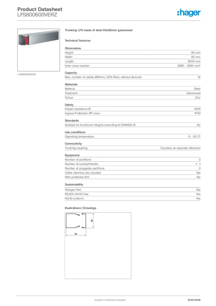 Image Hager Product data sheet LFS600600VERZ  | Hager Africa