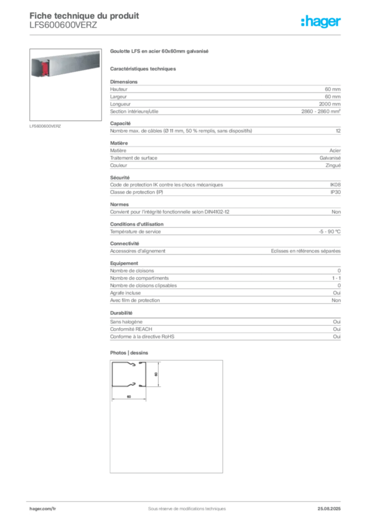 Image Hager Fiche technique du produit LFS600600VERZ | Hager France
