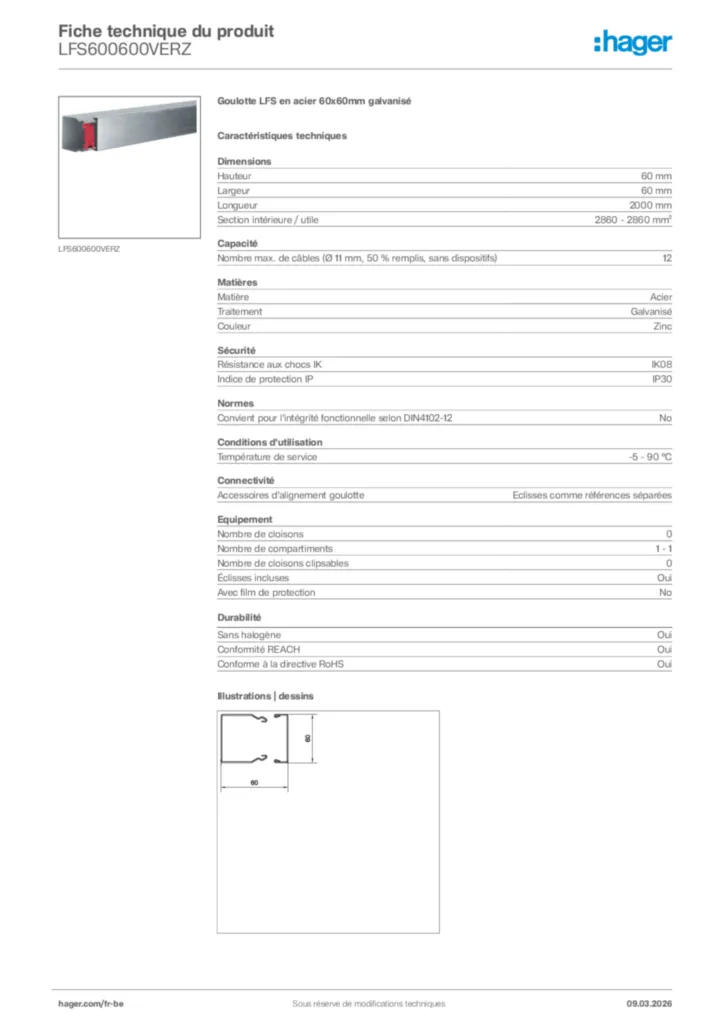 Image Hager Fiche technique du produit LFS600600VERZ | Hager Belgique