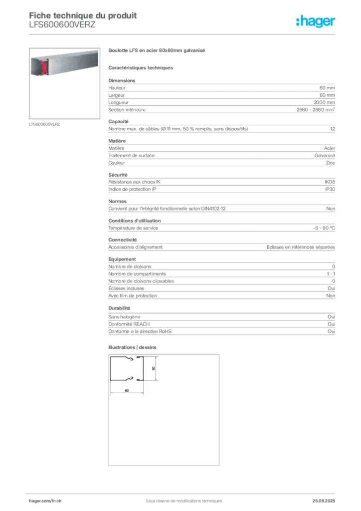 Image Hager Fiche technique du produit LFS600600VERZ | Hager Suisse