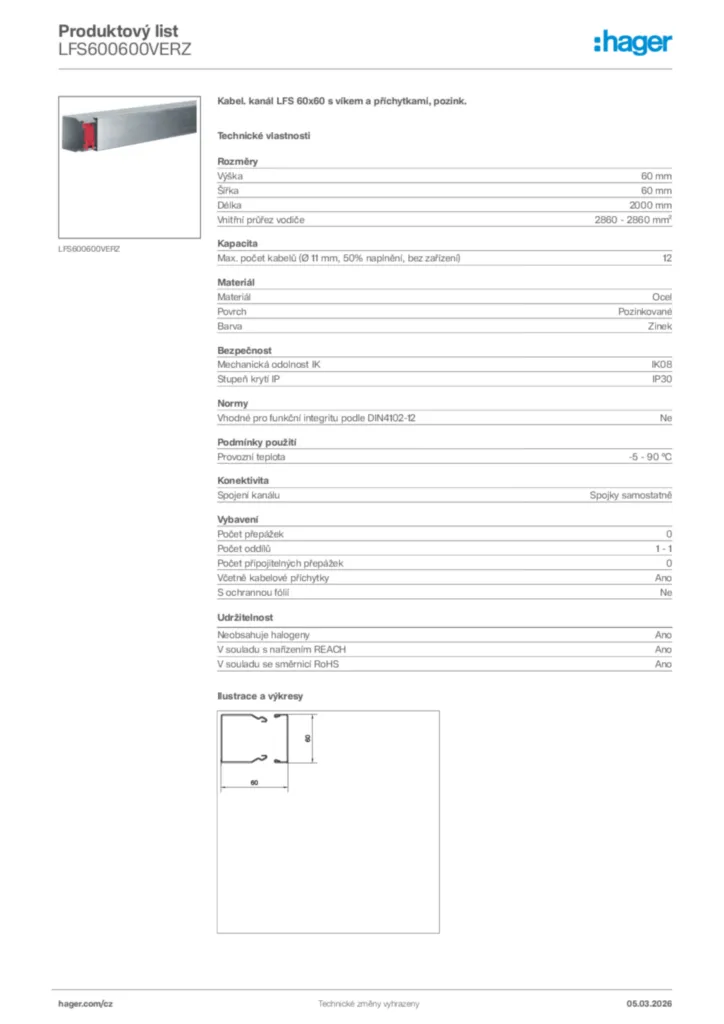 Obrázek Hager Product data sheet LFS600600VERZ | Hager