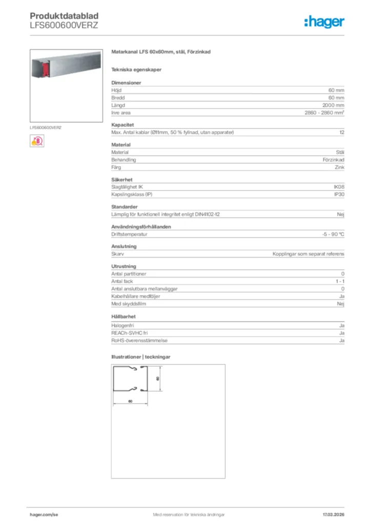 Bild Hager Produktdatablad LFS600600VERZ | Hager Sverige
