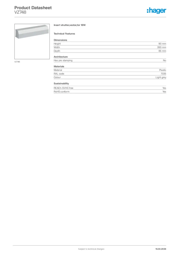 Image Hager Product data sheet VZ748  | Hager Africa