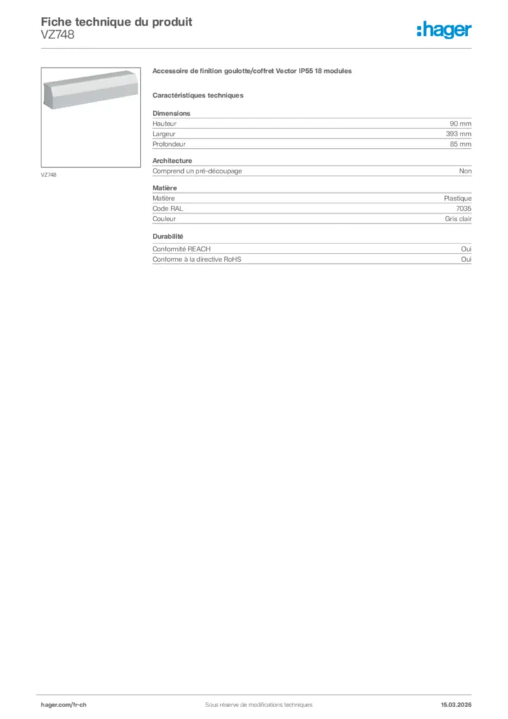 Image Hager Fiche technique du produit VZ748 | Hager Suisse