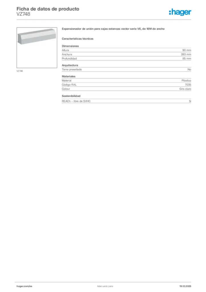 Imagen Hager Ficha de datos de producto VZ748 | Hager España