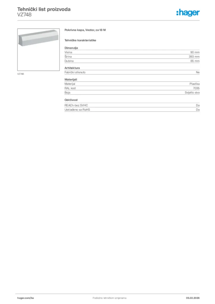 Slika Hager Tehnički list proizvoda VZ748  | Hager