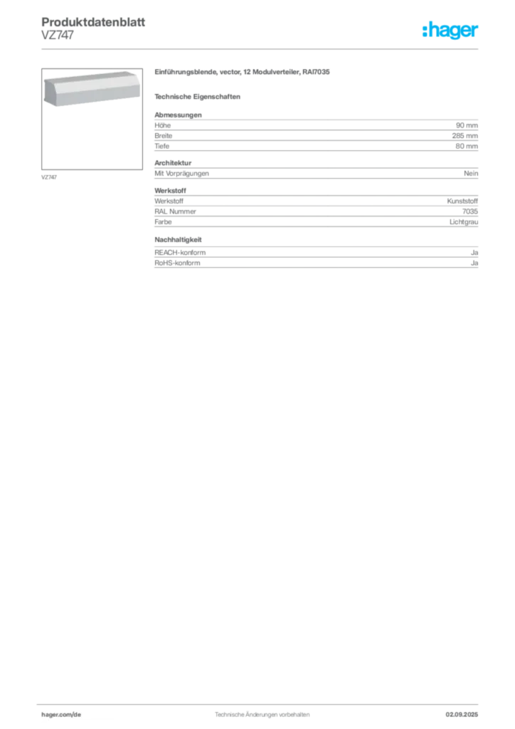 Hager Produktdatenblatt VZ747