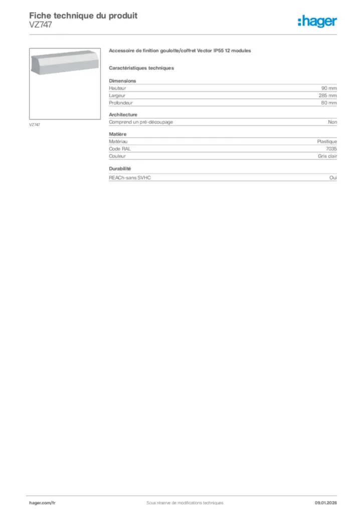 Image Hager Fiche technique du produit VZ747 | Hager France