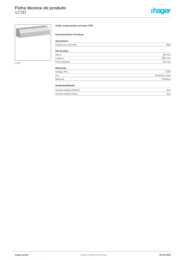 Imagem Hager Ficha técnica do produto VZ747 | Hager Portugal