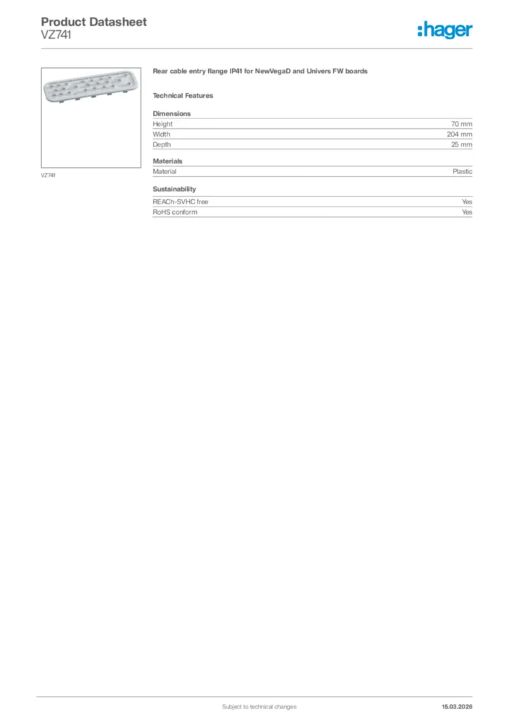 Image Hager Product data sheet VZ741  | Hager Africa