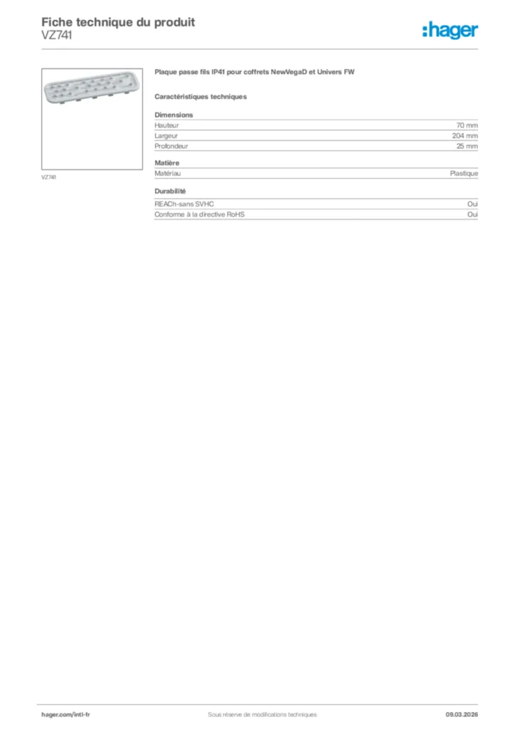 Image Hager Fiche technique du produit VZ741 | Hager Afrique