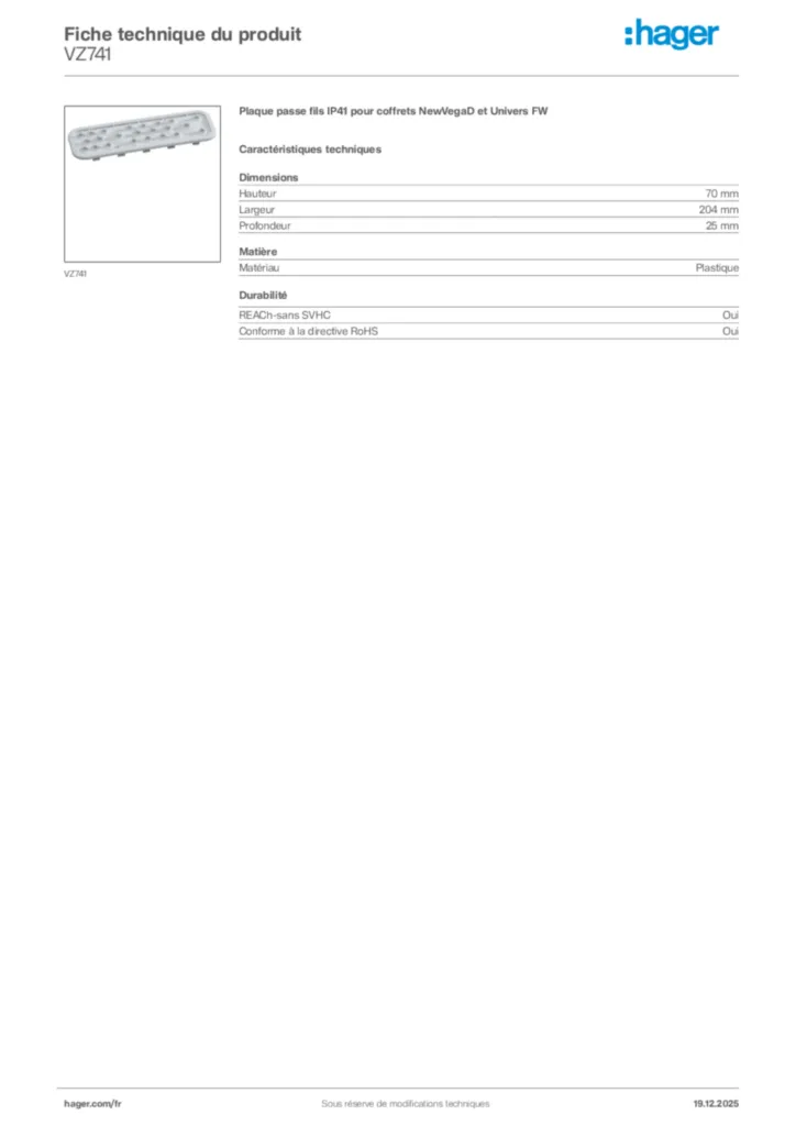 Image Hager Fiche technique du produit VZ741 | Hager France