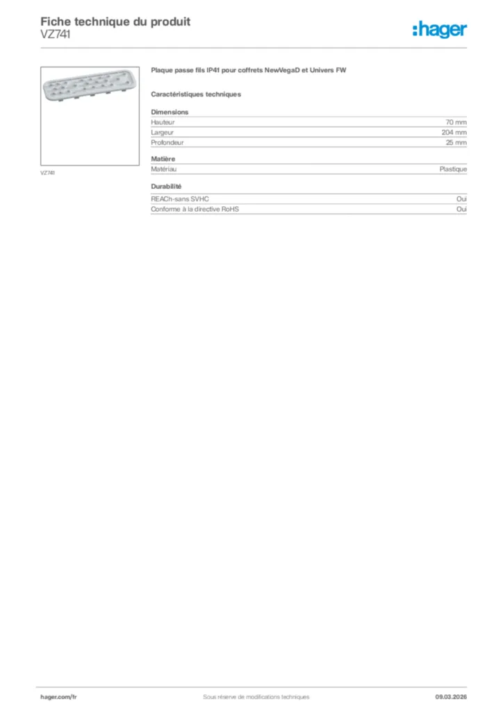 Image Hager Fiche technique du produit VZ741 | Hager France