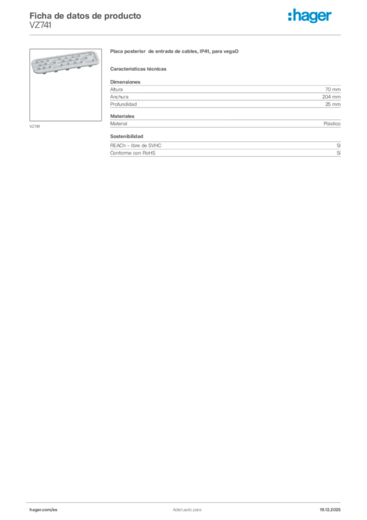 Imagen Hager Ficha de datos de producto VZ741 | Hager España