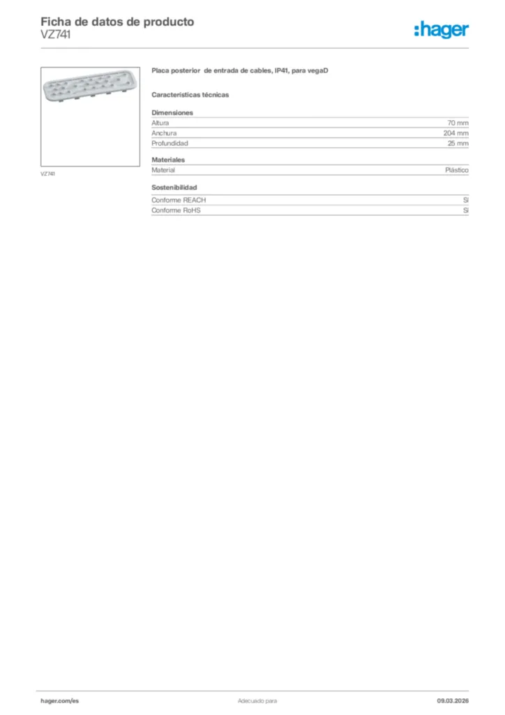 Imagen Hager Ficha de datos de producto VZ741 | Hager España