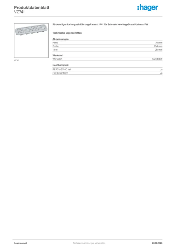 Bild Hager Produktdatenblatt VZ741 | Hager Deutschland
