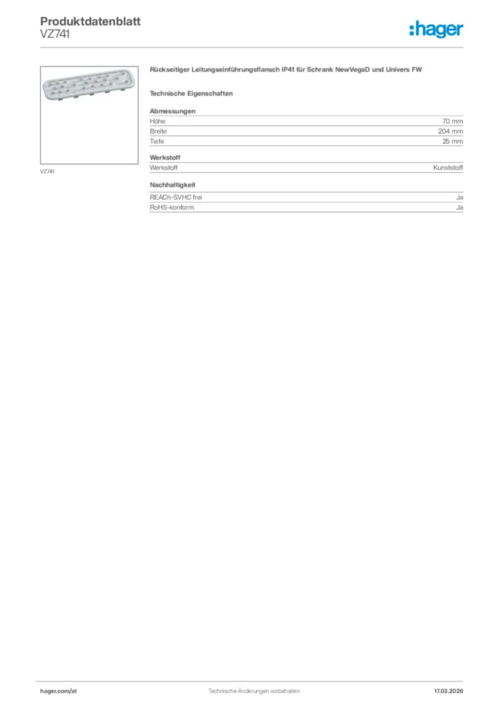 Bild Hager Produktdatenblatt VZ741 | Hager Deutschland