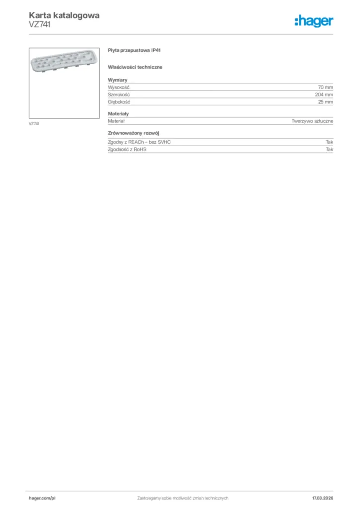 Zdjęcie Hager Karta katalogowa VZ741 | Hager Polska