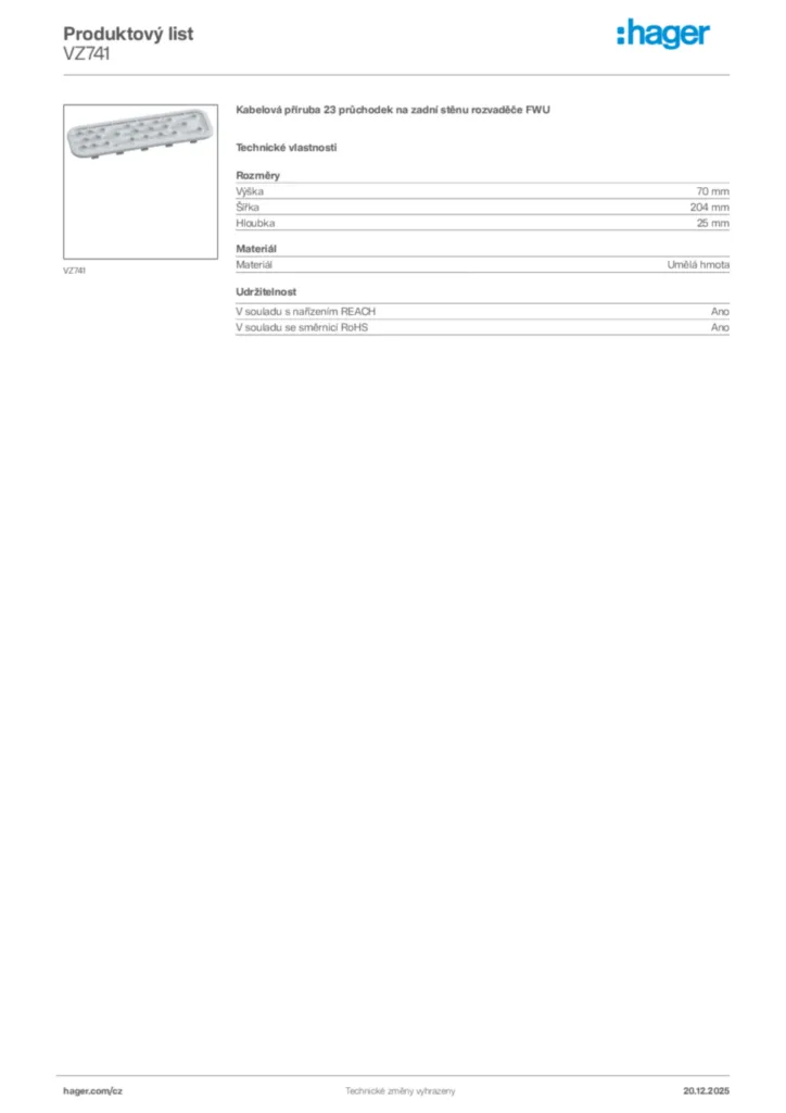 Obrázek Hager Produktový list VZ741 | Hager