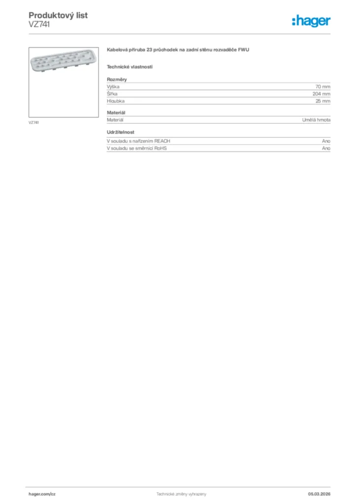 Obrázek Hager Product data sheet VZ741 | Hager