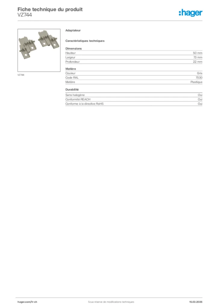 Image Hager Fiche technique du produit VZ744 | Hager Suisse