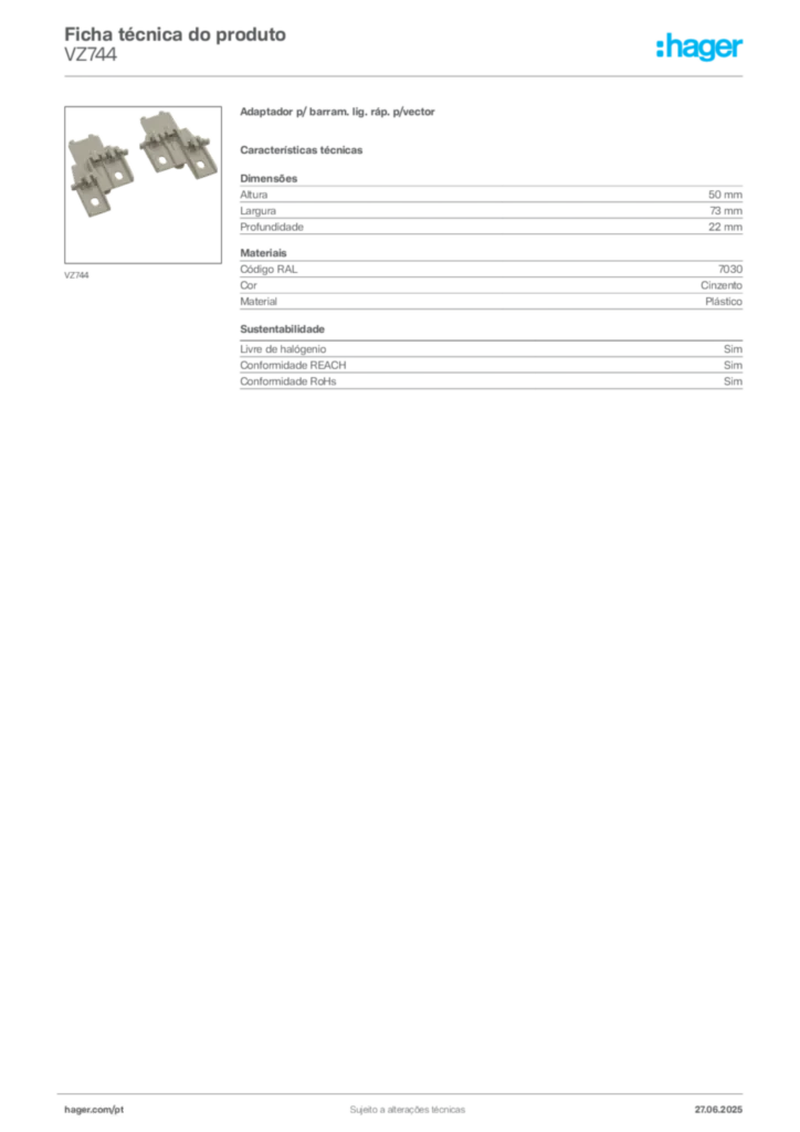 Imagem Hager Ficha técnica do produto VZ744 | Hager Portugal