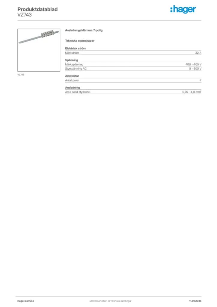 Bild Hager Produktdatablad VZ743 | Hager Sverige