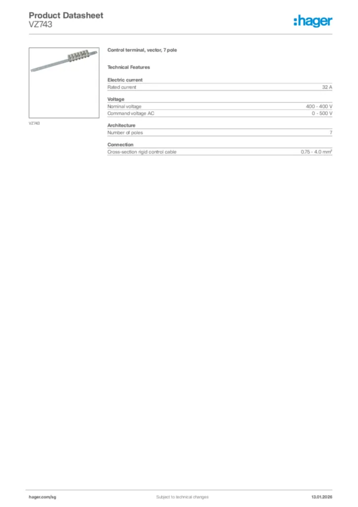 Image Hager Product data sheet VZ743  | Hager