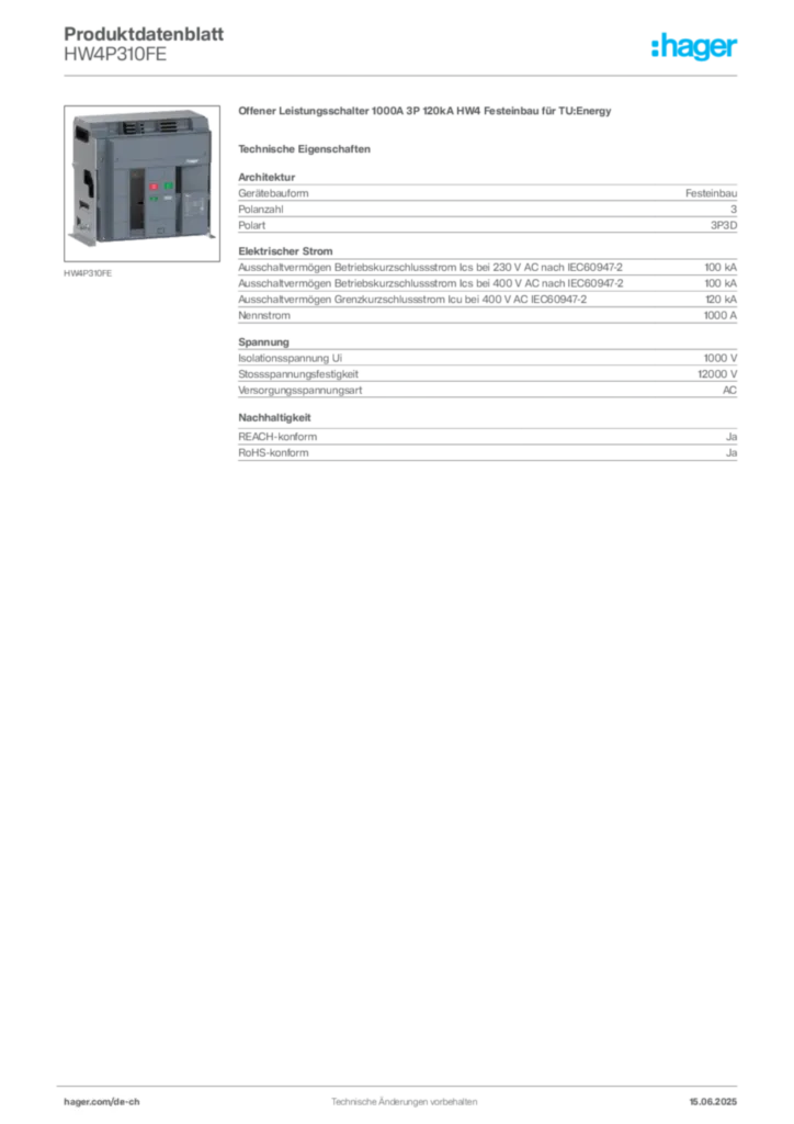 Bild Hager Produktdatenblatt HW4P310FE | Hager Schweiz