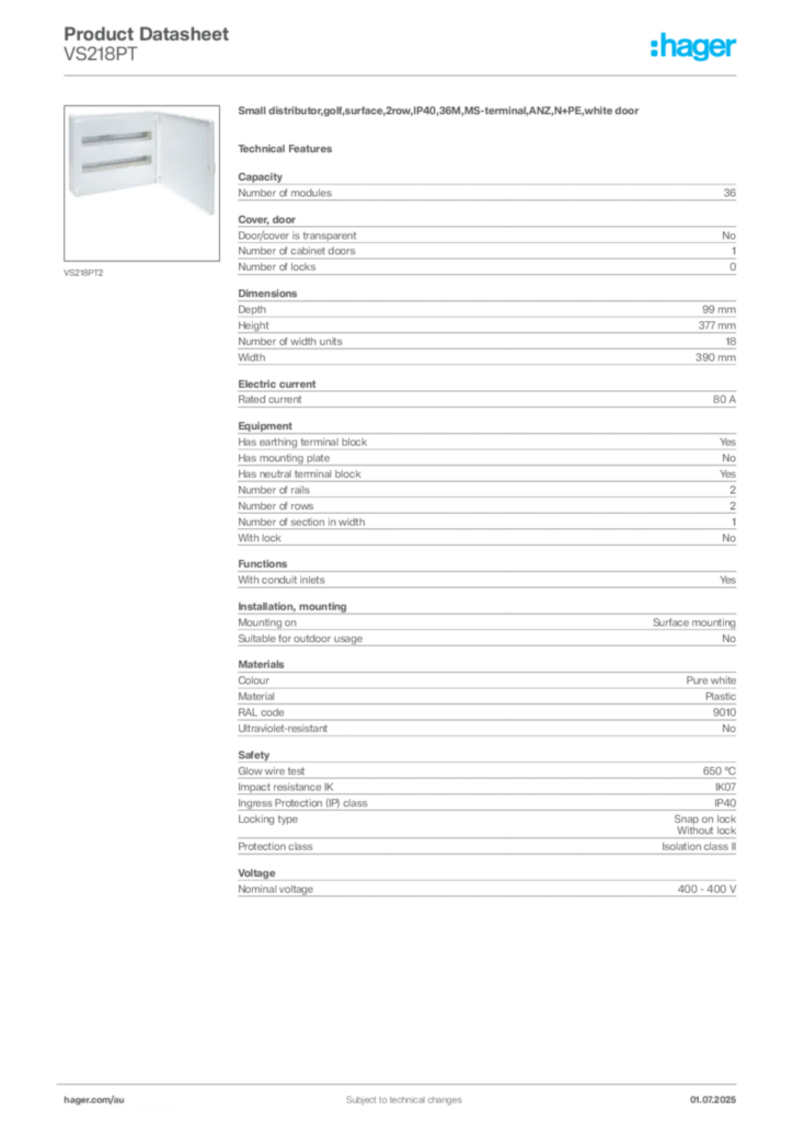 Image Hager Product data sheet VS218PT  | Hager Australia