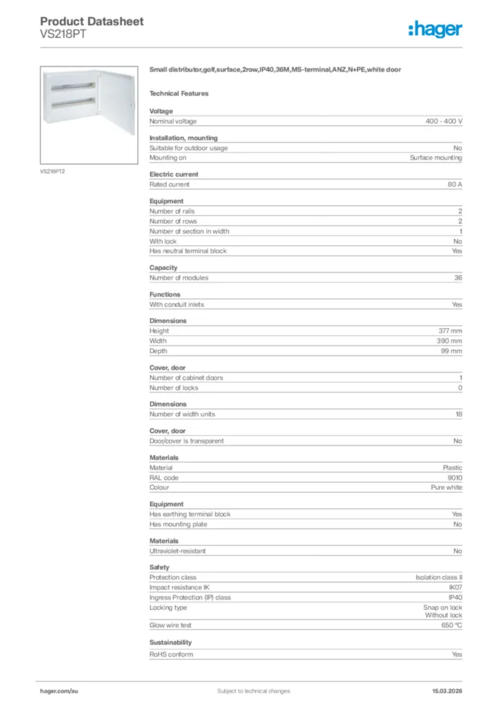Image Hager Product data sheet VS218PT  | Hager Australia