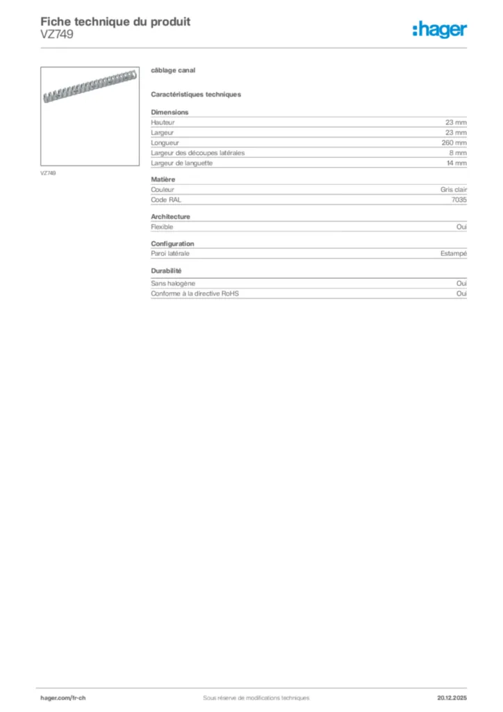 Image Hager Fiche technique du produit VZ749 | Hager Suisse
