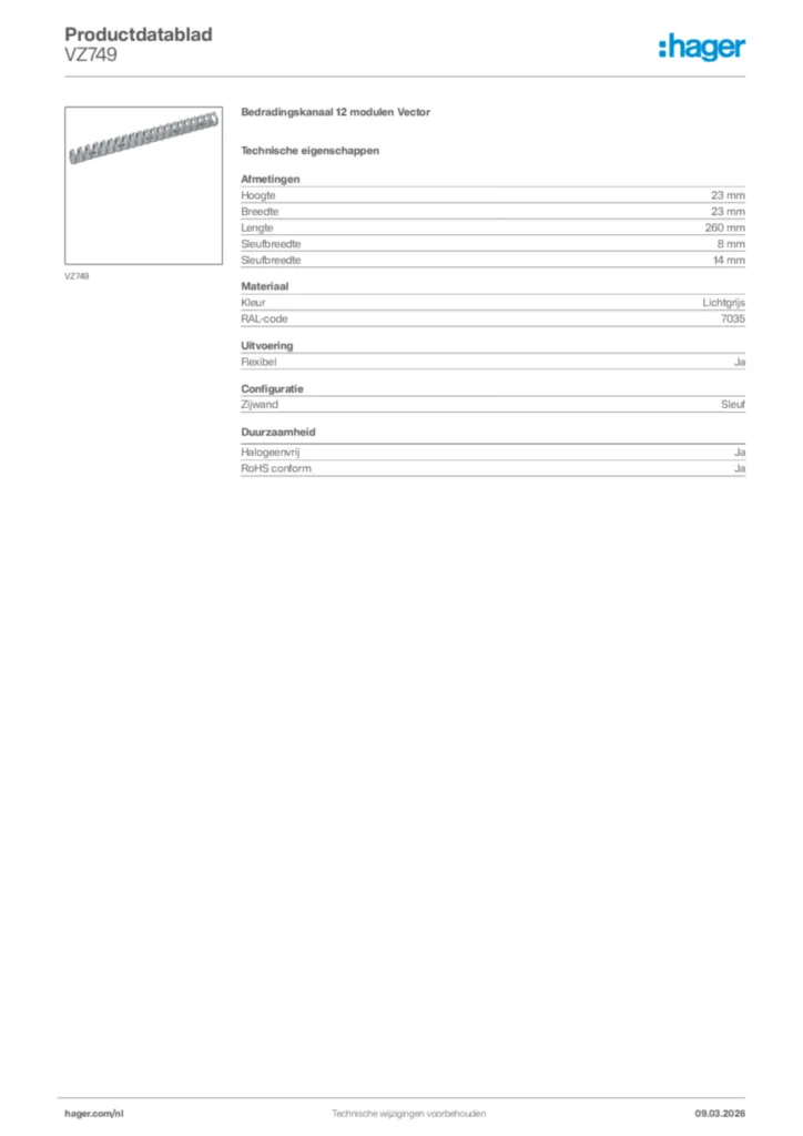 Afbeelding Hager Productdatablad VZ749 | Hager Nederland