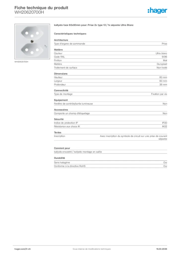 Image Hager Fiche technique du produit WH20620700H | Hager Suisse