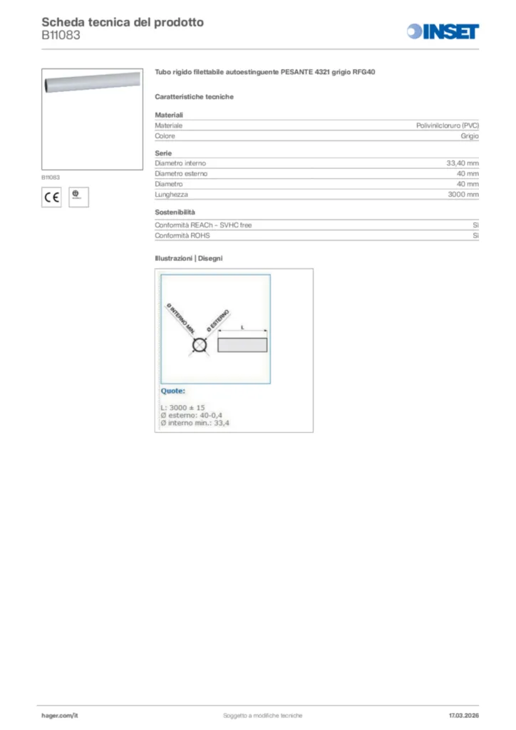 Immagine Inset Scheda tecnica del prodotto B11083 | Hager Italia