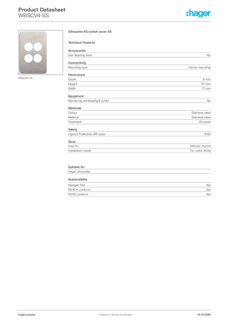 Image Hager Product data sheet WBSCV4-SS  | Hager Australia