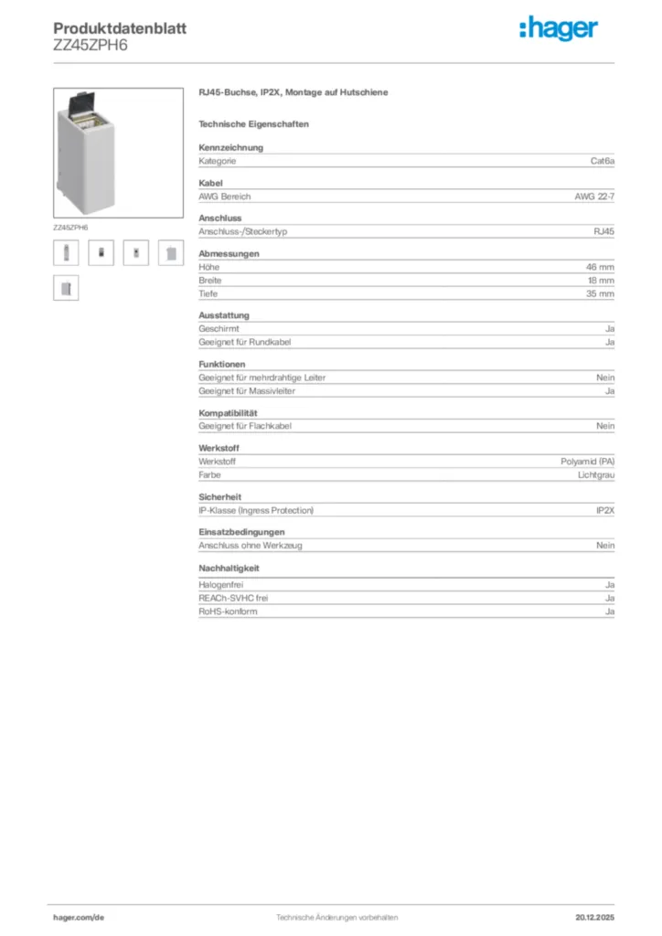 Bild Hager Produktdatenblatt ZZ45ZPH6 | Hager Deutschland