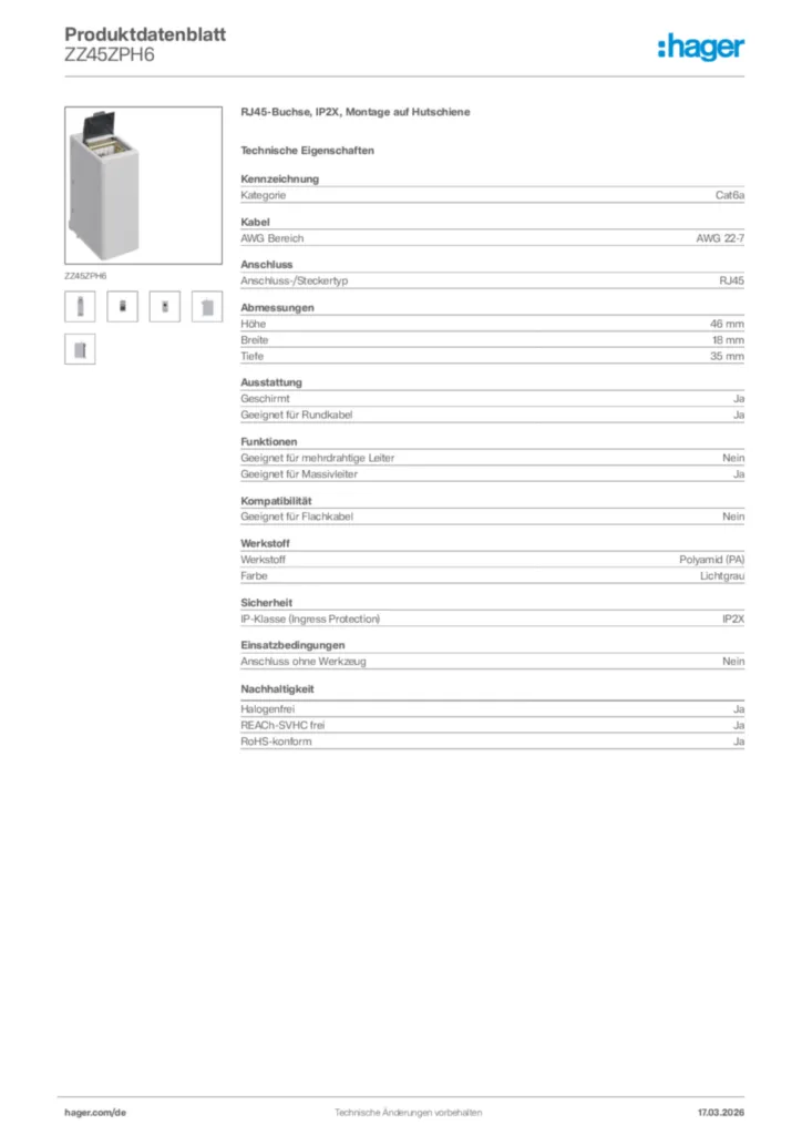 Bild Hager Produktdatenblatt ZZ45ZPH6 | Hager Deutschland