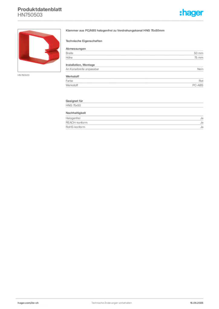 Bild Hager Produktdatenblatt HN750503 | Hager Schweiz