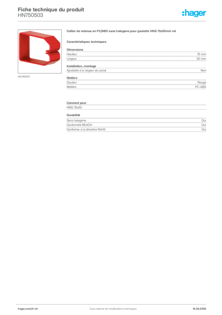 Image Hager Fiche technique du produit HN750503 | Hager Suisse