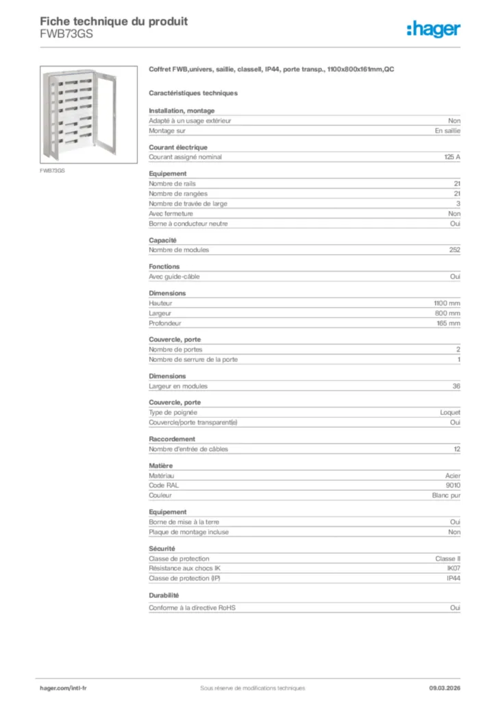 Image Hager Fiche technique du produit FWB73GS | Hager Afrique