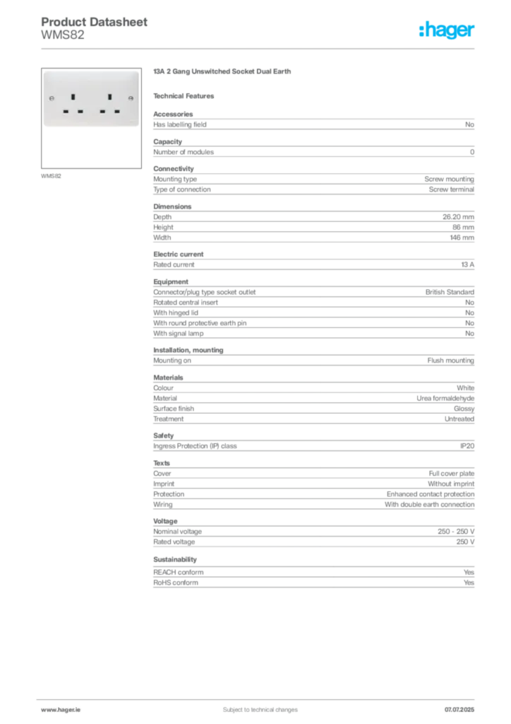Image Hager Product data sheet WMS82  | Hager