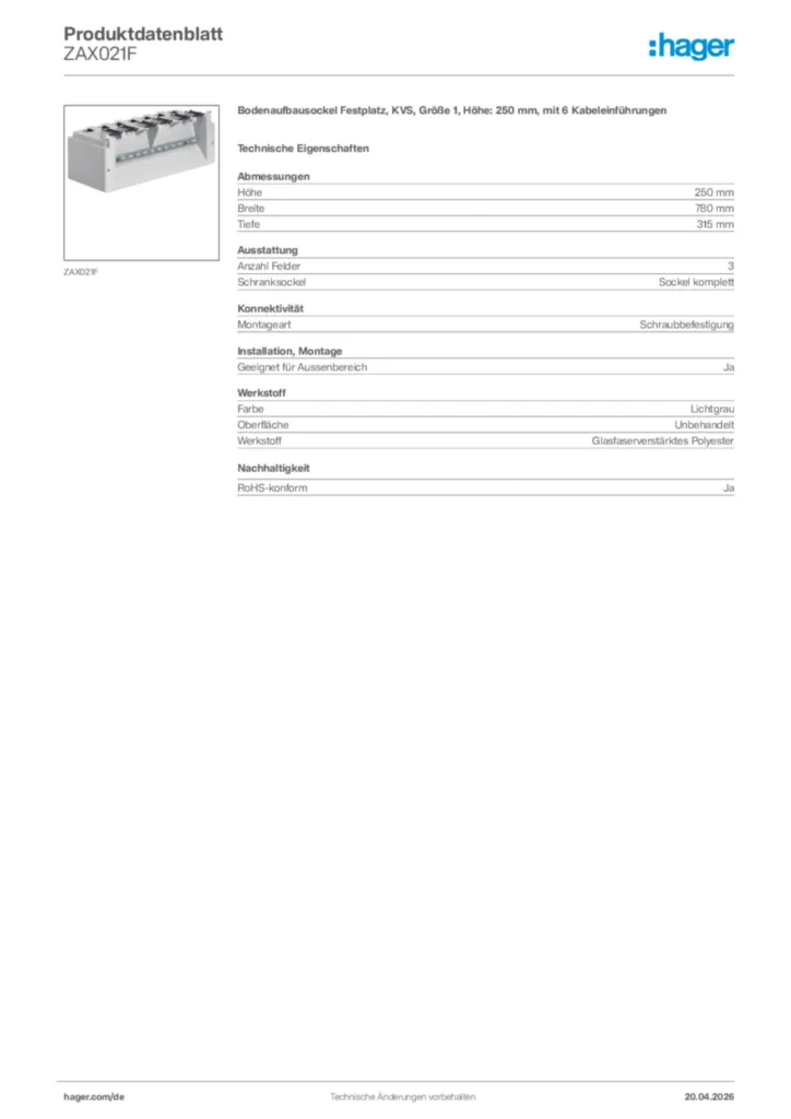 Bild Hager Produktdatenblatt ZAX021F | Hager Deutschland