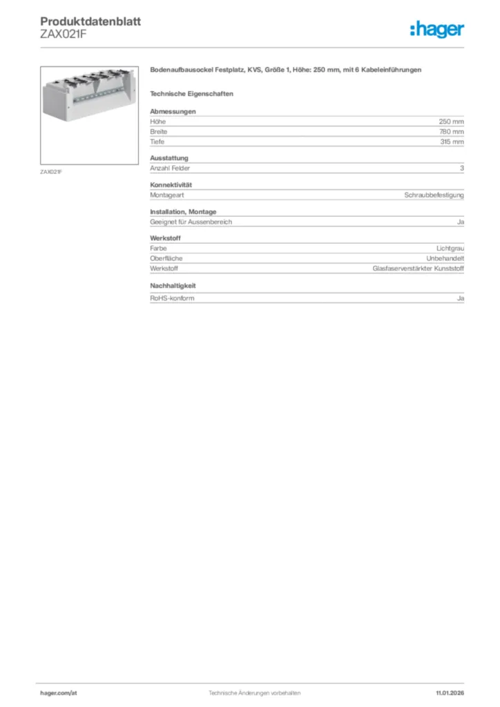 Bild Hager Produktdatenblatt ZAX021F | Hager Deutschland