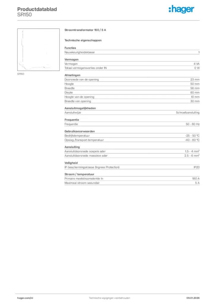 Afbeelding Hager Productdatablad SR150 | Hager Nederland