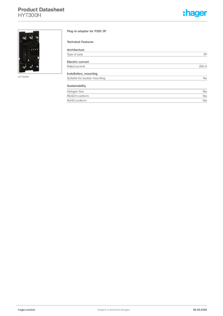 Image Hager Product data sheet HYT300H  | Hager